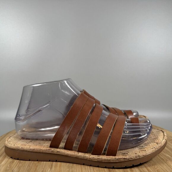 Korks Women's 7 M Shay Brown Faux Leather Strappy Toe Ring Flat‎ Cork Sandals - Picture 1 of 6